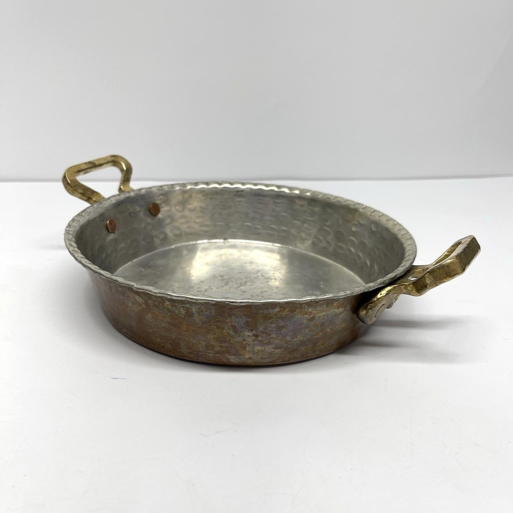 Vintage Hand Hammered Copper Frying Pan Skillet Brass Handles Riveted Turkish 8"